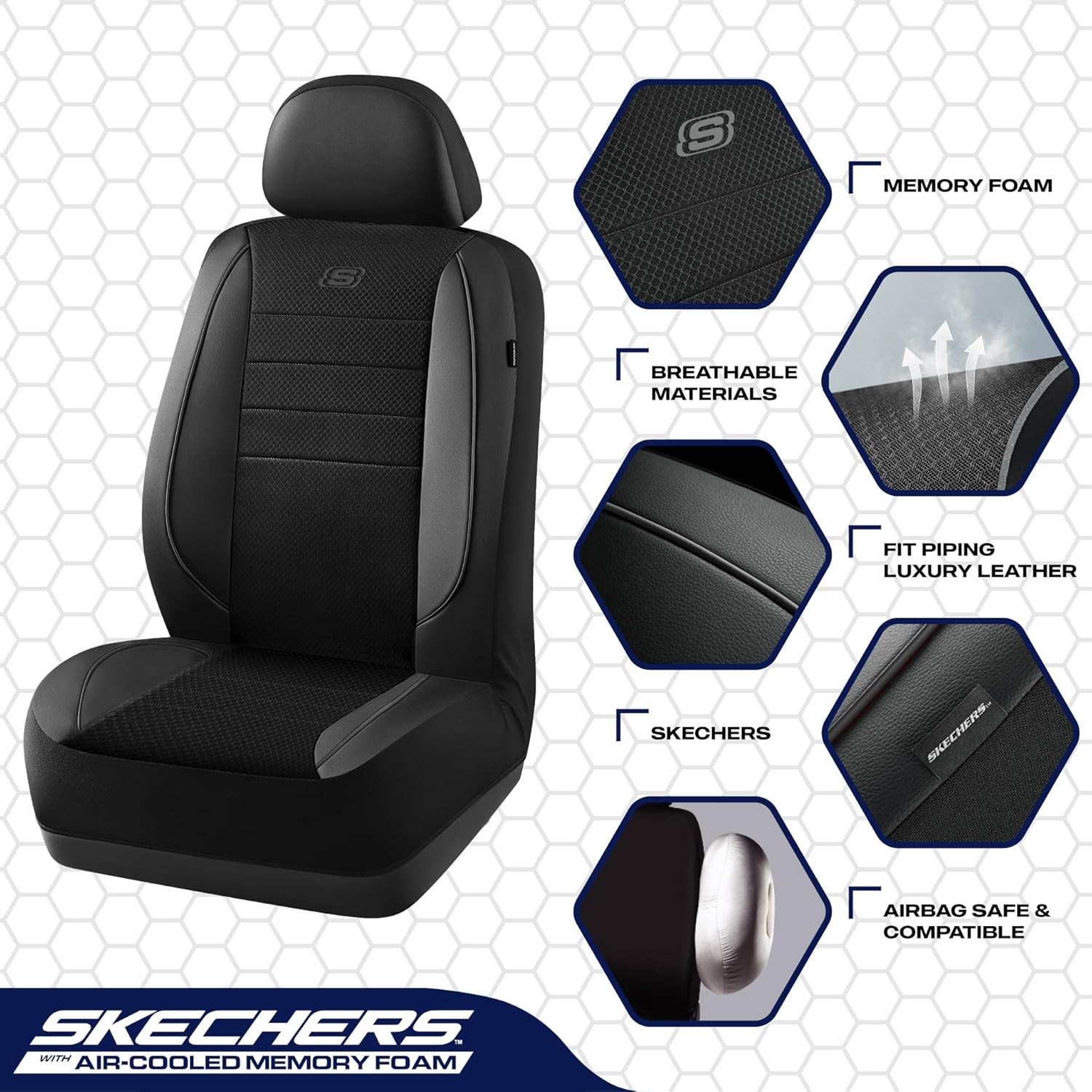 Skechers Air-Cooled Memory Foam Seat Covers,Mesh Thick Car Seat Covers,Piping Leather Car Seat Covers Front Seats,Airbag Compatible,Automotive Comfort Universal FitMost Cars,Vans,Truck,SUV,Black